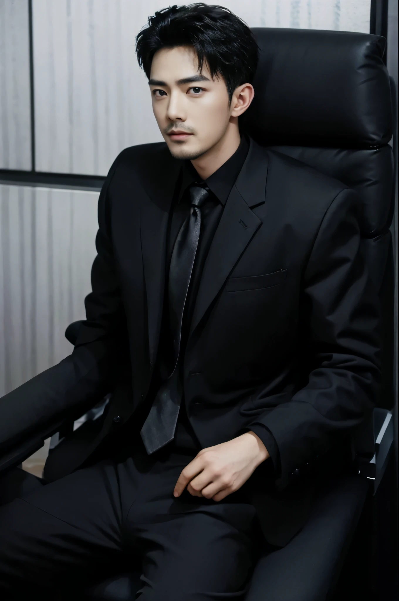 man，Handsome，Sitting position，Suit，Trousers，shirt，tie（Delicate eyes：1.3），black eyes，whole body，Goatee，office，Boss chair