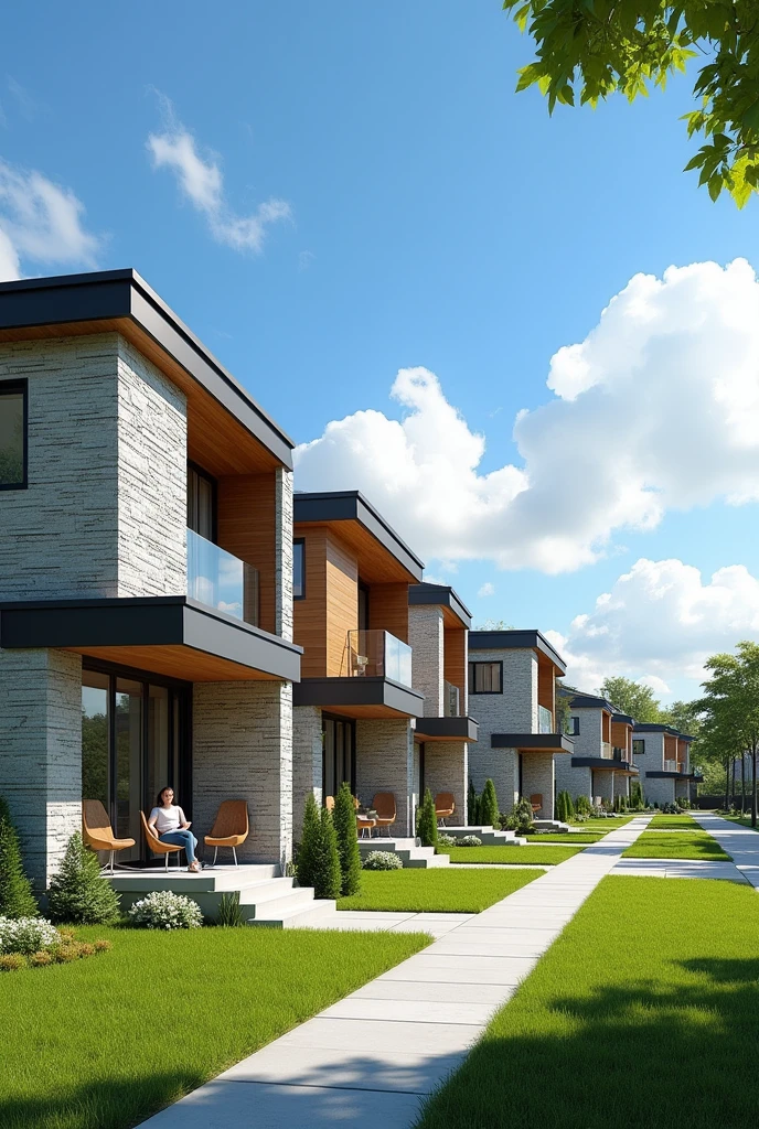 An image of ten modern houses lined up in a row within a residential neighborhood. Each house features clean, contemporary architecture with a mix of stone, wood, and large windows. In front of one of the houses, a person is sitting on a porch, casually enjoying a cup of coffee, adding a sense of community and relaxation to the scene. The overall atmosphere is peaceful, with well-kept lawns and a clear, sunny sky."