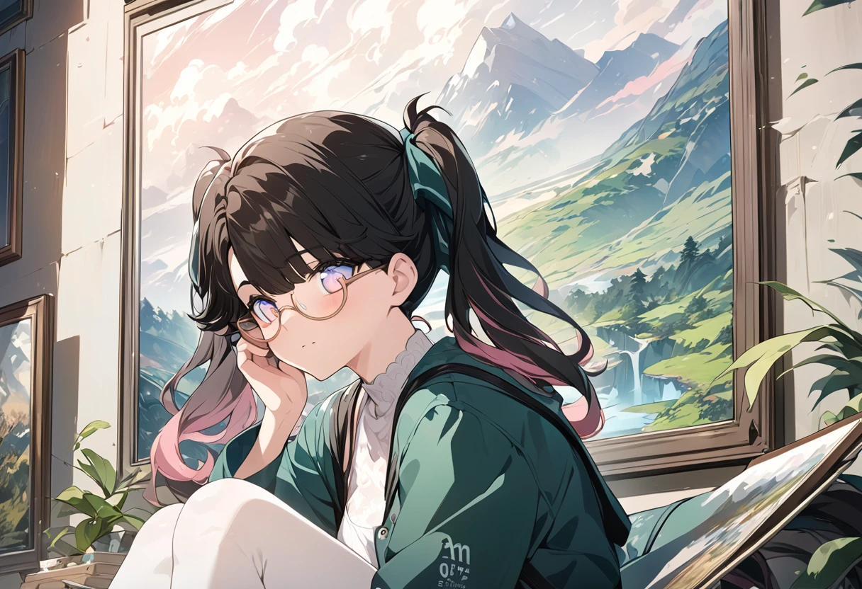 close up，masterpiece，high resolution，Anime Art，Anime Numbers， 4k anime wallpaper，Soft Light，One anime girl sitting sideways，black and pink gradient twin tails，Gradient eyes，wearing glasses，Green clothes，White pantyhose，landscape painting