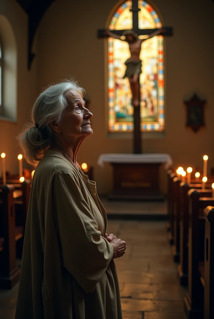 A old women seeing Jesus on the Cross image and wondering and speeking