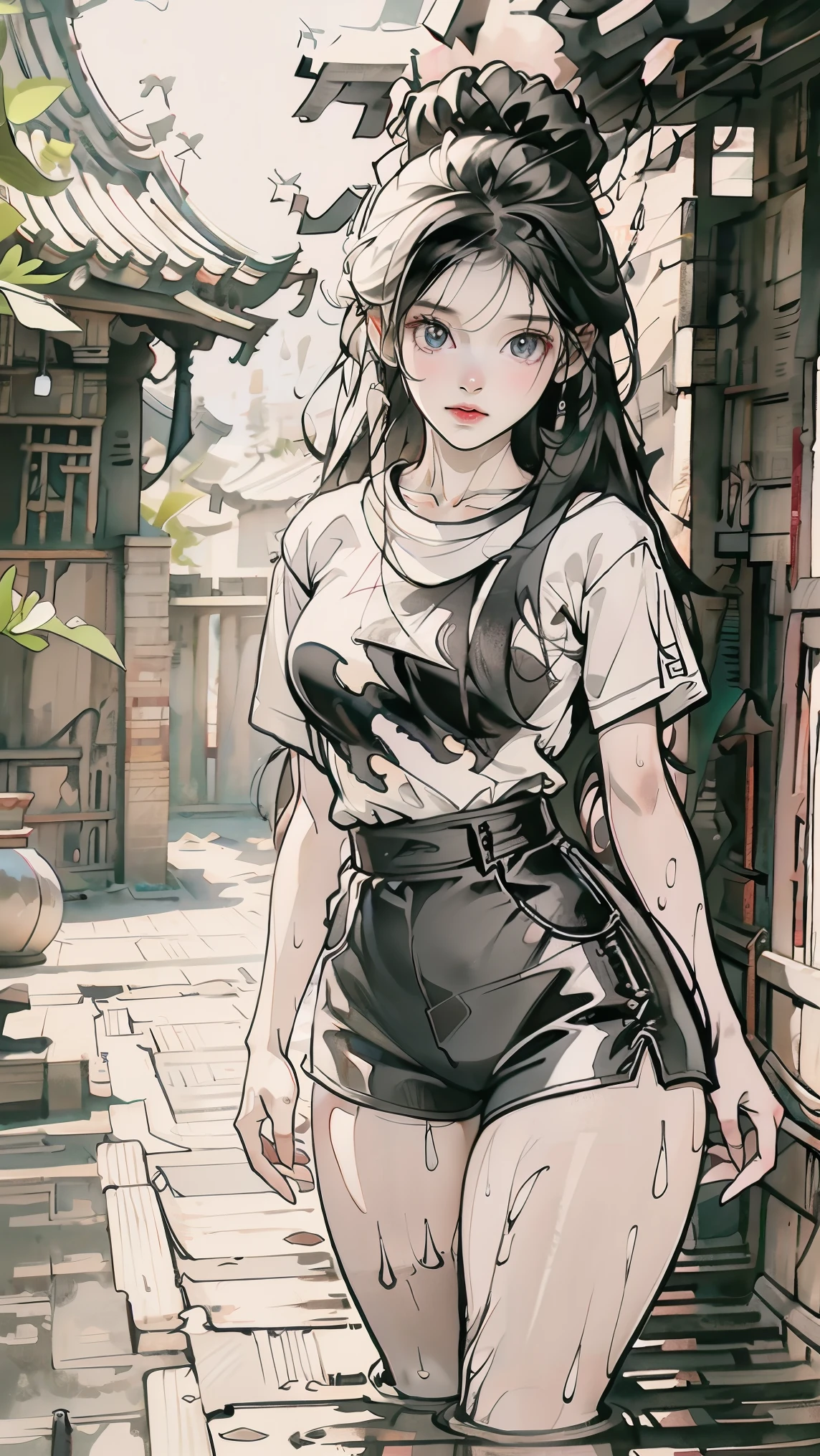 Beautiful girl with realistic black eyes, Pale skin, Medium size black hair, Perfect Face, Perfect Eyes, (Short black hot pants), (((Tight white t-shirt))), Very detailed, General Movie, Digital Painting, 8k, Cinema Lighting, Highest quality, High resolution, well done!, Post-processing, Perfect results, Surreal，(((Revealing clothing)))，Big Breasts,(rain), Wet,(Browsing Caution:0.8)