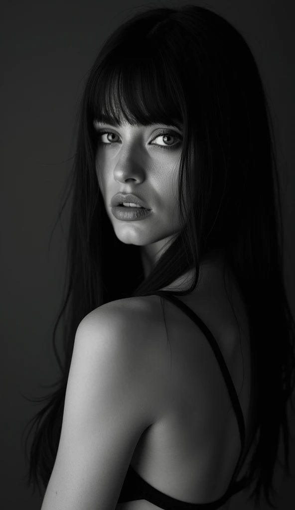 woman, (sexy and glam love), (perfect face), defined jawline, beautiful lips, (somber expression), (beautiful bright grey eyes), (long straight black hair, straight bangs), (perfect anatomy), (athletic body), (sexy) (black bikini), (medium shot photograph), (black and white monochromatic photograph), realistic