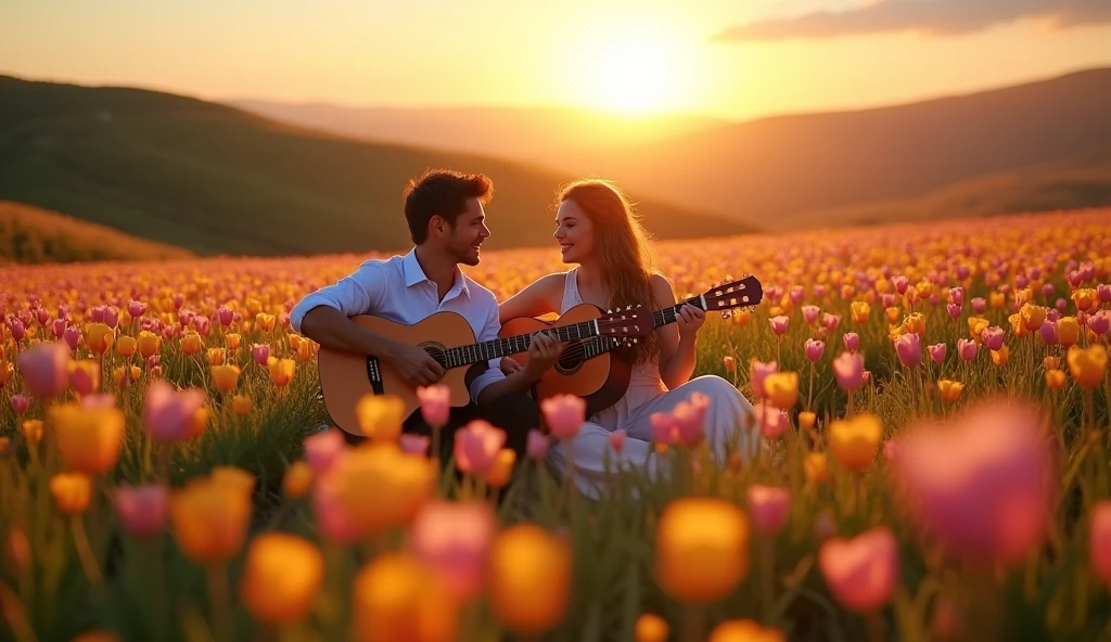 ((best quality)), ((masterpiece)), (detail), perfect face, close-up photo of a couple playing guitar in a valley of flowers, valley scene with intricate details, shimmering and magical light, surreal photo, 8k, ultra high resolution, sharp face