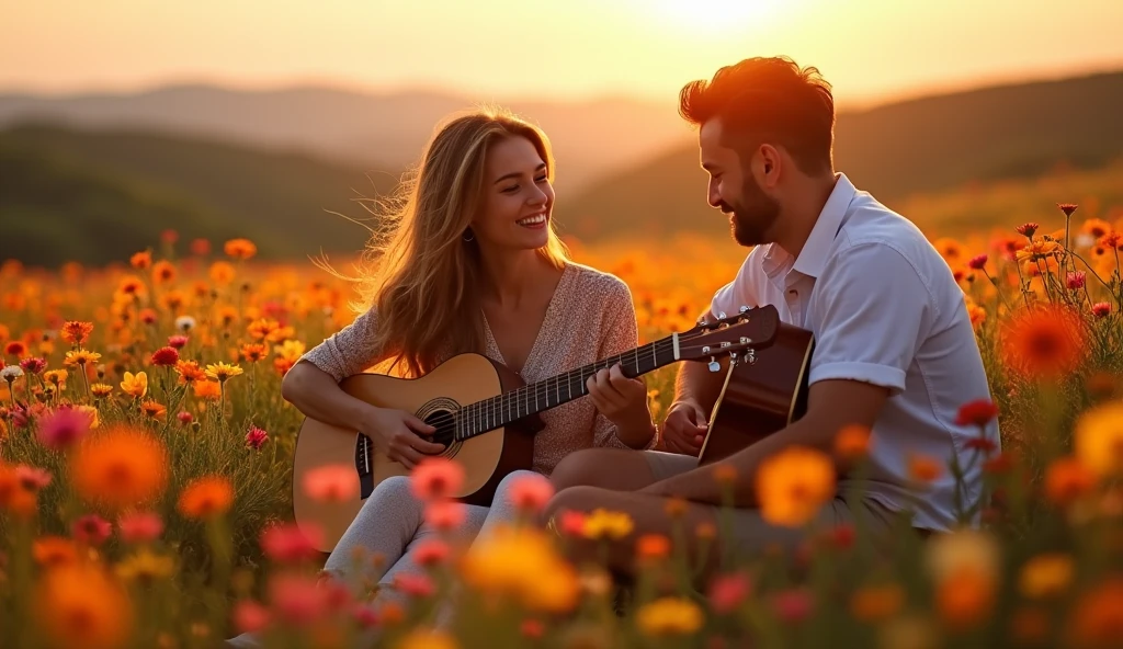 ((best quality)), ((masterpiece)), (detail), perfect face, close-up photo of a couple playing guitar in a valley of flowers, valley scene with intricate details, shimmering and magical light, surreal photo, 8k, ultra high resolution, sharp face