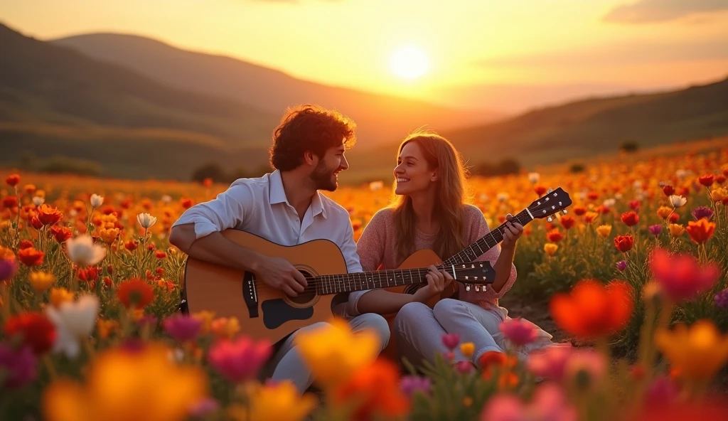((best quality)), ((masterpiece)), (detail), perfect face, close-up photo of a couple playing guitar in a valley of flowers, valley scene with intricate details, shimmering and magical light, surreal photo, 8k, ultra high resolution, sharp face