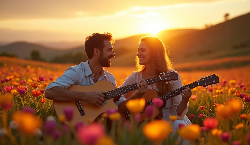 ((best quality)), ((masterpiece)), (detail), perfect face, close-up photo of a couple playing guitar in a valley of flowers, valley scene with intricate details, shimmering and magical light, surreal photo, 8k, ultra high resolution, sharp face