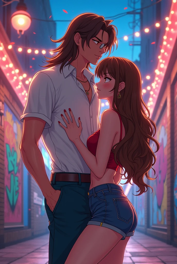 Make a man with long flowing brown hair, Standing, embracing and placing her hands on her chest, a sensual sexy girl in shorts and a cropped top with long brown hair and long bangs, anime standing adults
