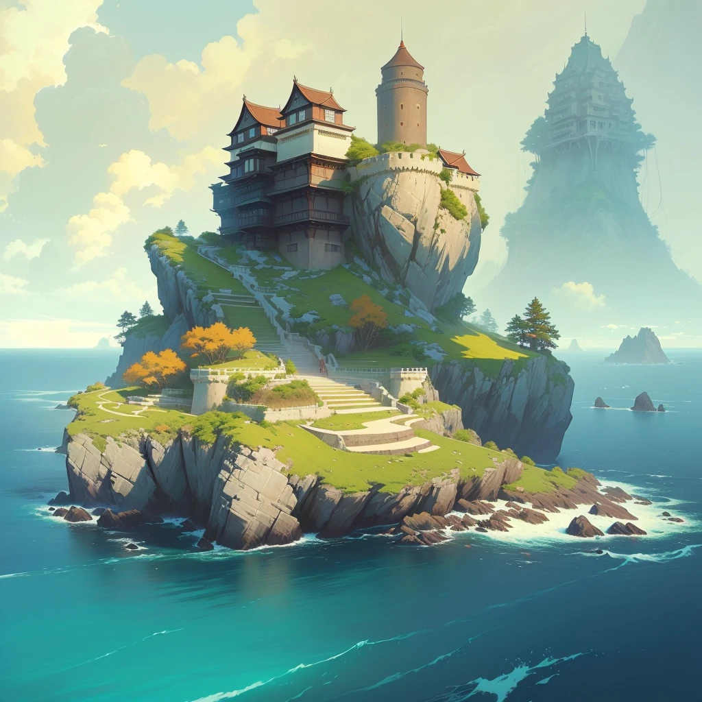 There is a small island，上面有建筑遗迹 author Raymond Han, A beautiful artistic illustration, Feiyun Castle, author Ryan Yee, Andreas Rocha style, Ross Chen. Landscape background, Inspired by Andreas Rocha, Epic painting of the island, Beautiful Numbers, author：Alexander Jean, Andreas Rocha's style