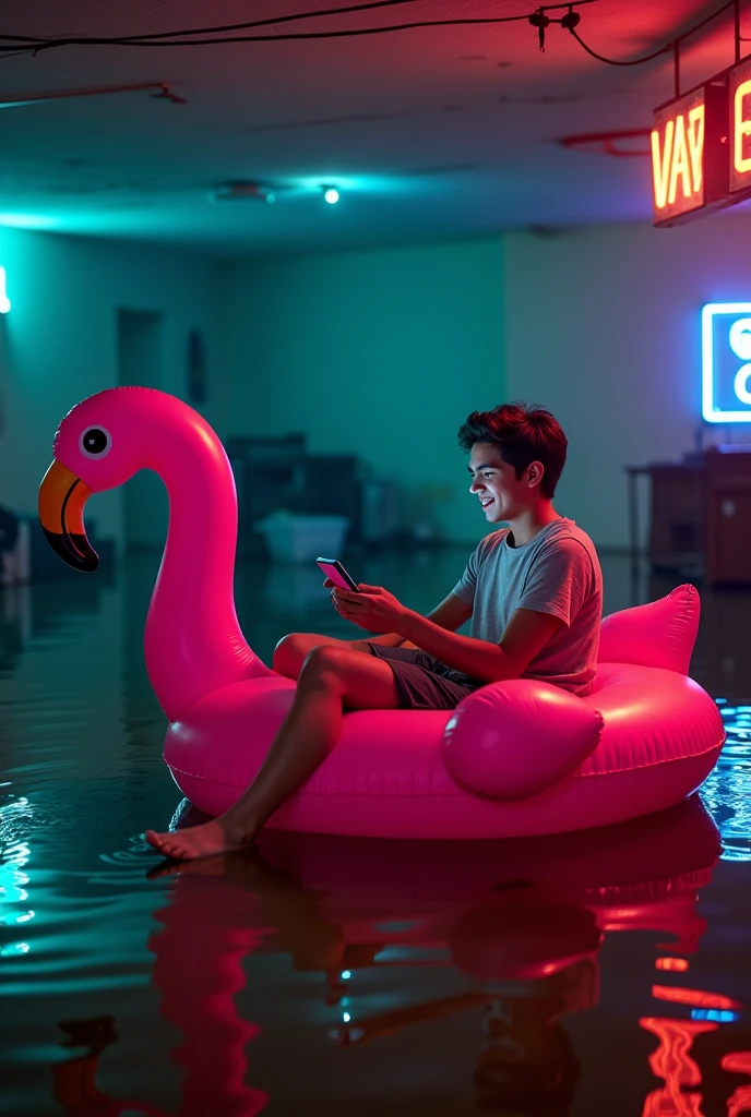 mexican young man in a basement flood using a flamingo float while playing on his Nintendo switch