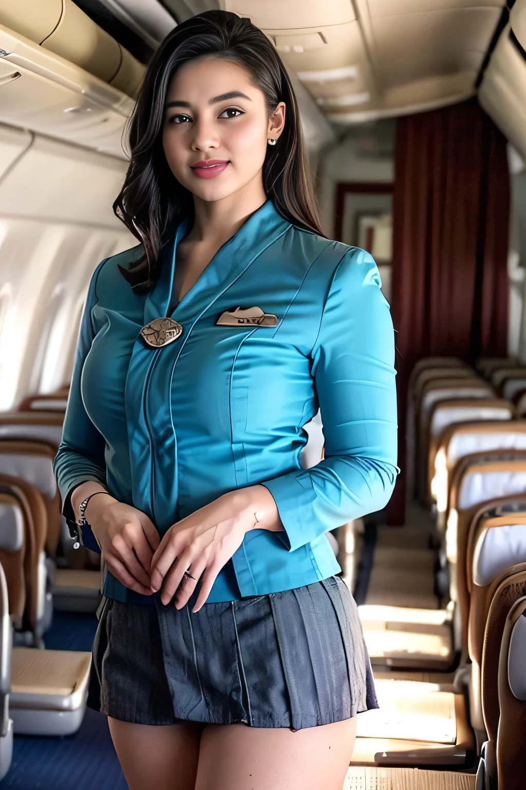 1beautiful womanl, 28years、hyperdetailed face、Detailed lips、A detailed eye、double eyelid、(Smiling while walking gracefully down the aisle)、(Stewardess uniform:1.2)、((mini skirt:1.5)) (Glamorous body)、(Colossal tits)、（large full breasts）（big butts）（Plump body）（plump body shape）（ large full breasts）（Colossal tits）((J-Cup))、highs thighs thighs thighs, Perfect fit, Perfect image realism, Background with: (Business Class aisle on airplanes:1.2), Cowboy Shot, Meticulous background, detailed costume, Perfect litthing、Hyper-Realism、(Photorealsitic:1.4)、8K maximum resolution, (​masterpiece), ighly detailed, Professional