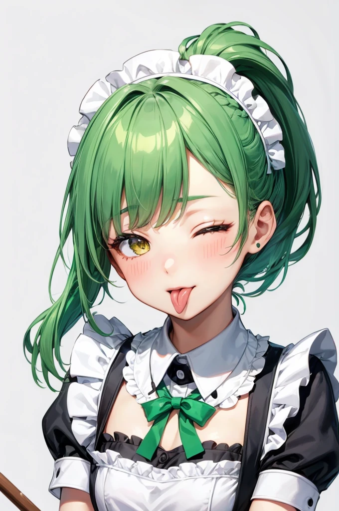 (solo:2, 15 yo), (wink face) (detailed ponytail) (beautiful green hair long hair) (best cute girl), (cute yellow eye and cute closed eye), (glossy lip, Stick tongue out), (medium tits), (in a detailed maid uniform), break, background white, BREAK, perfect anatomy, masterpiece, best quality, beautiful detailed 8-bit pixel, daydreaming expression.