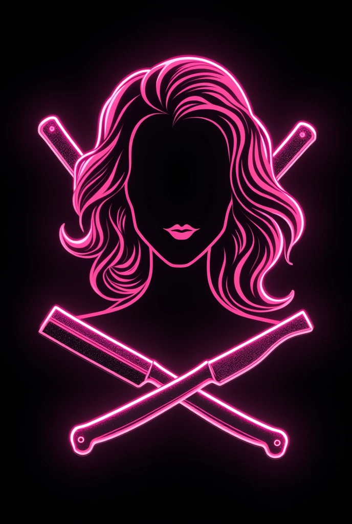 Neon pink ladybarber logo with black background including razors