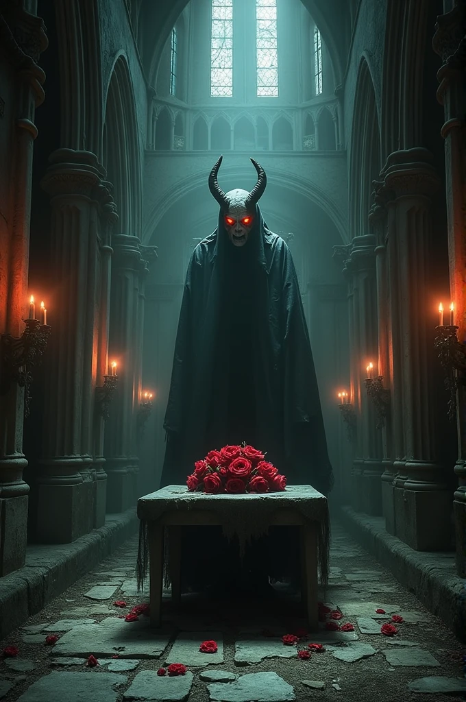Create a horror movie scene with a demon. The scene is creepy and mysterious, with a gothic aesthetic. 