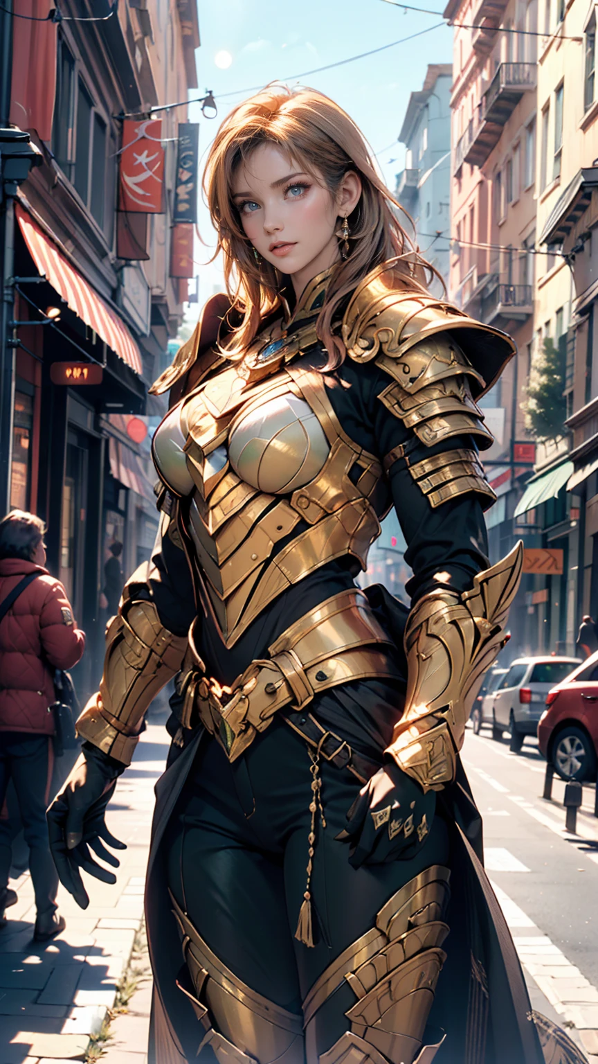 (masterpiece, 4K resolution, Ultra-realistic, Very detailed), (Theme of the Knights of the Zodiac, charisma, I am on top of the street., Sagittarius Knight in Golden Armor, She's a superhero), [ ((20 years), (Long Green Hair:1.2), whole body, (Green Eyes:1.2), ((Fighting Pose),A show of force), ((Sandy urban environment):0.8)| (Cityscape, At night, Dynamic Light), (full moon))