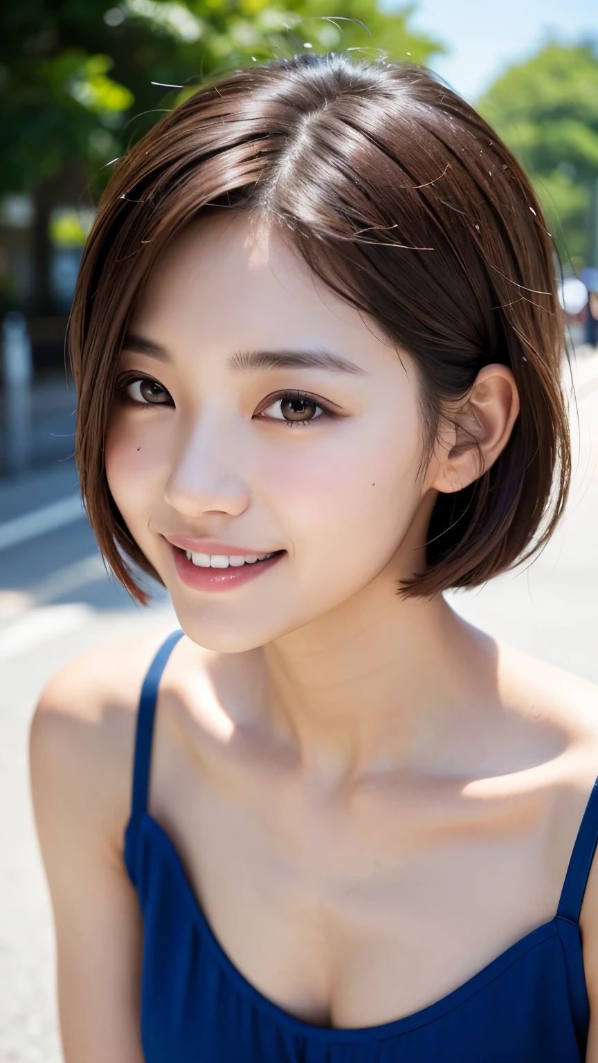 (((Close-up of face)))、(((Absolutely shoulder-length brown straight short bob)))、(((She is posing like a hair salon model with a park with a blue sky in the background.)))、(((She is wearing casual clothes suitable for early summer.。The shoulders are hidden)))、(Natural laughter:1.25)、Half Japanese, half Korean、18 years old、Standing Alone、Looking forward、Light eye makeup、Brown Hair Color、Flat and small chest、Hair blowing in the wind、Actress Quality、Glossy, ultra-realistic face、Smiling face、Watery eyes、Gazing Up、Subtle lighting effects、 Ultra-Realistic Capture、Very detailed、High resolution 16K close up of human skin。Skin texture must be natural、The details must be such that pores can be clearly seen、The skin is healthy、Uniform tone、Use natural light and colors、A worn-out, high-quality photo taken by a model agency&#39;s in-house photographer.、smile、(((SIGMA 300 mm F/1.4,1/1000 sec shutter,ISO 400)))、The background is F-stop 1..4 is blurred