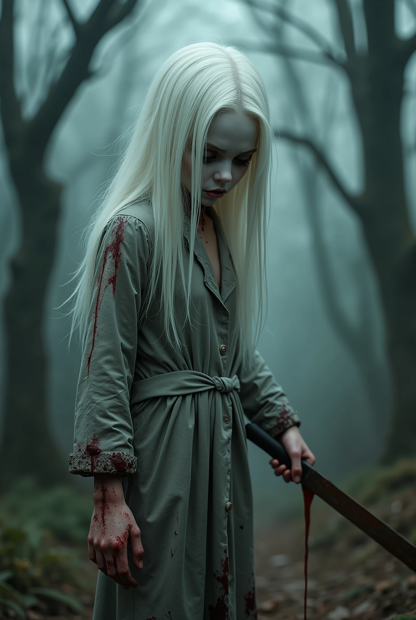 Corpse, sinister, woman, Thin, pale, Looking at the camera, Surreal, Very detailed, cemetery environment, Bright Eyes, White dress torn,Stained with blood, Bones exposed, rotten wound, Sensual, scary, Physical Injury, clavicle fracture, Smile, Ultra Detailed, Eye roll,Shot in the body, Magic Axe Hair,whole body,barefoot,Decaying body,Internal organs