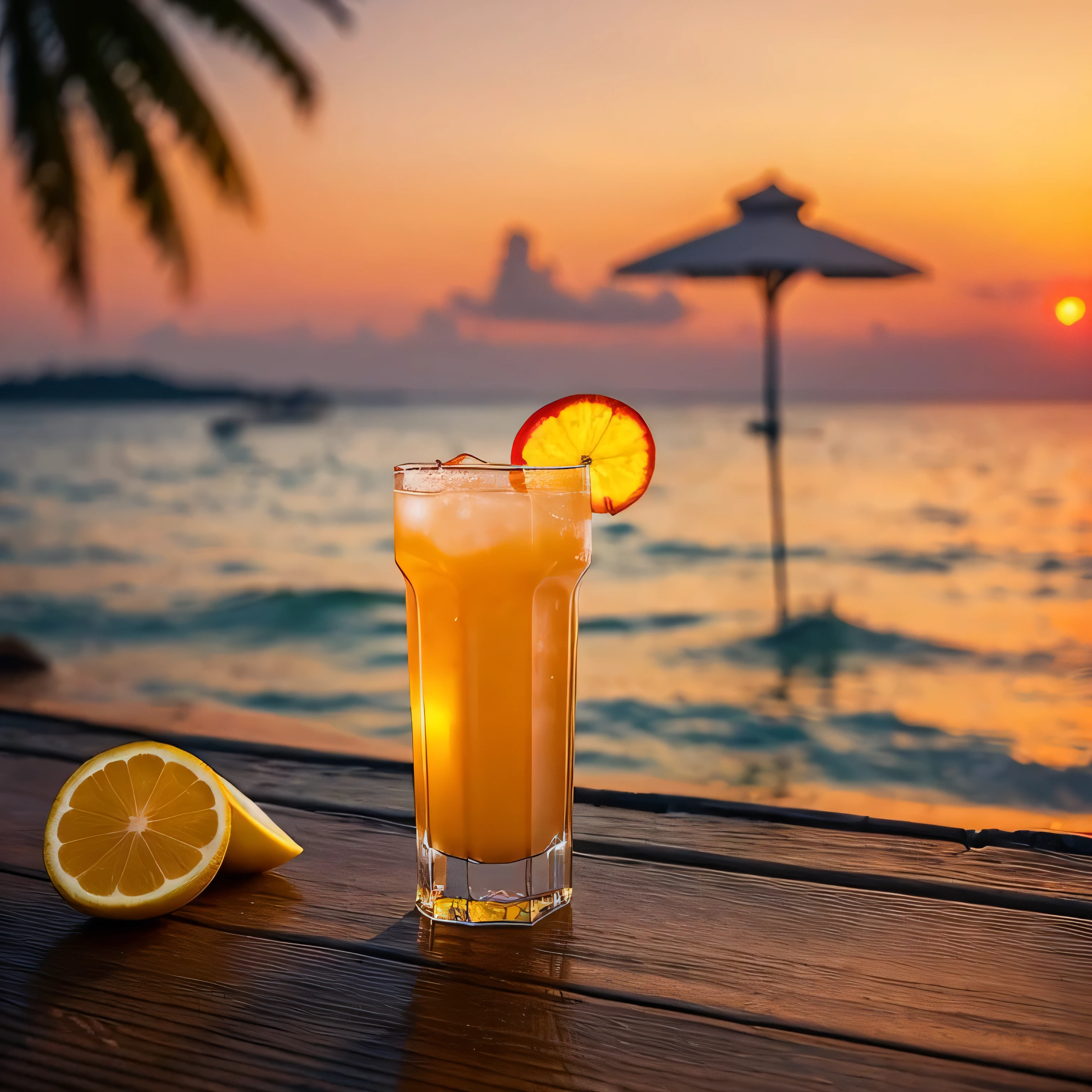 Create an engaging design that blends the beauty of a tropical sunset, Tranquility of the sea, and、The appeal of tropical juice. What is your job?、The goal is to create an image that evokes tranquility and a longing for a tropical escape.
Paint a breathtaking sunset over the tranquil water, Shining Sea. The sky is a warm orange, pink, Purple and, and、The sun slowly dips below the horizon, Cast a golden glow on the water's surface. Waves gently crash on the shore, and、A calm and serene atmosphere fills the scene.
In the foreground, Feature a tropical juice cocktail that embodies the vibrant colors and flavors of paradise. The beverage should look cool and refreshing, Condensation forming on the glass. Add garnishes such as fresh fruit slices or colorful umbrellas、Enhance the allure.