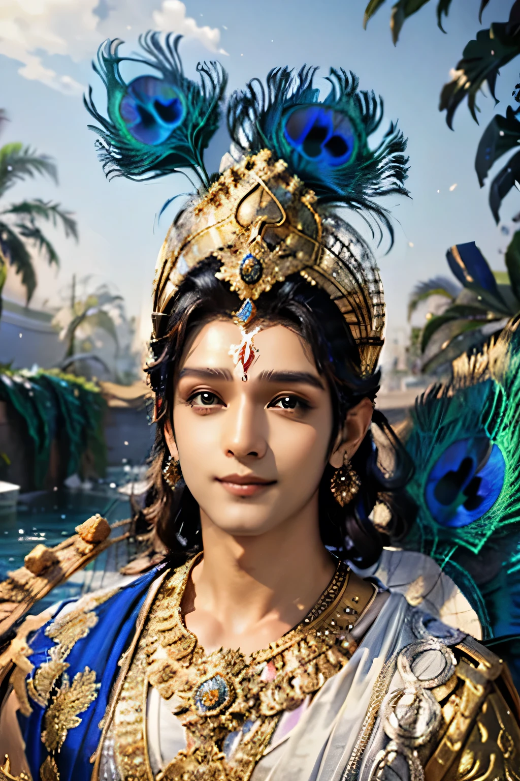 Blue skin tone Krishna , loving man , beautiful glitter eyes , blue skin tone , smiling , divine nature, god, holding musical instrument flute (bsansuree), having peacock feathers on head.