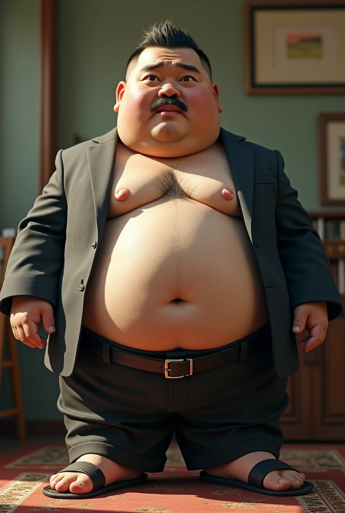 Photorealistic middle-aged obese Japanese male、Single eyelid、6 heads、50th Generation、Metabolic、Short black mustache、Short black buzz cut、Square face、whole body、Fatが着いたマッスルベア、Homosexuals、太いチンポがHaving an erection、Full Body、Fat and hulking、Masturbating、Thick and short legs、thick and short arms、Thick face、Thick and round waist、Fat Belly、Dark, tanned skin、Bodybuilder、Hairy、Thick waist、Thick boar neck、A firm and plump body、Masturbating、Is ejaculating、Having an erection、Receding hairline、Middle Age、He's in a suit but not wearing a tie.、He's wearing sandals、Yellow race and dark skin、Metabolic、father、Father、father、Fat、Thin hair、has narrow eyes、The body is glistening with sweat、Dazzling summer sunshine、Erotic、whole bodyで驚いているポーズ