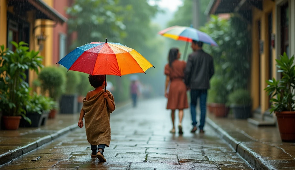 A small boy walking in rain he wore a sack. A young pair walking behind him and they saw that small boy that small walking on road And they given their umbrella to that small boy. that small boy removed that sack and taken that umbrella. that small boy wear umbrella. that young pair felt very happy and watching that small boy how he is walking in that rain wearing umbrella. now the pair don't have umbrella. Realistic, intricate details, vibrant colours.