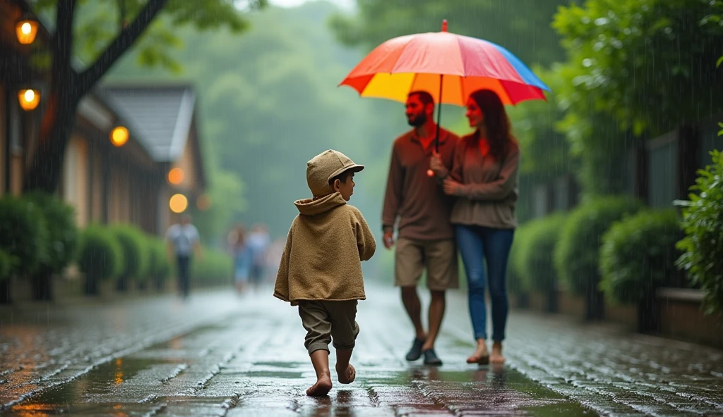 A  boy walking in rain he wore a sack. A young pair walking behind him and they saw that smallthat small walking on road And they given their umbrella to that small boy. small boy removat sack and taken that umbrella. that small boy wear umbrethat young pair felt very happy and watching that small boy how he is walki that rain wearing umbrella. now the pair don't have umbrella. Realistic, intricate details, vibrant colours.