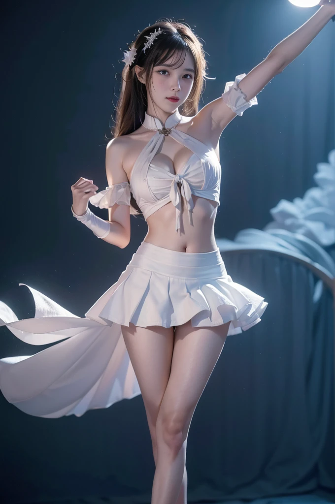 yuicere
midriff
white_skirt, ((Cowboy shooting)), ((Bare shoulders)), ((Short skirt, Sexy long legs)), ((Dance poses, Random View)), Practical detailed photo of a giant breasted girl with exposed shoulders, Delicate fingers, High quality skin, Red Eyes, Alone in a winter scene with clouds, wind, and long flowing hair, (best quality,4K,8K,high resolution,masterpiece:1.2),Extremely detailed,(Practical,photoPractical,photo-Practical:1.37),Studio Lighting,Bright colors