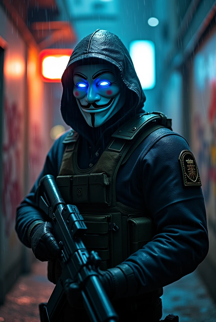 Strong mercenary with an Anonymous mask