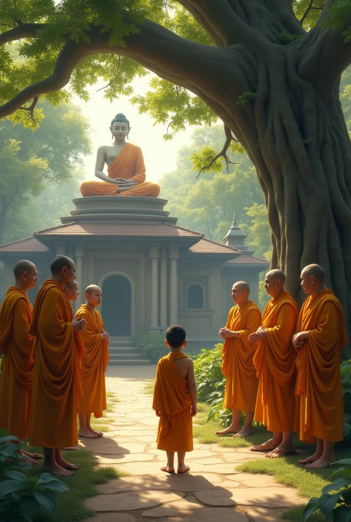 **Prompt for DALL·E 3:**
Create an image based on a scene from a historical Buddhist tale. The scene takes place in an ancient monastery surrounded by lush greenery and tall trees. The main character, a young monk named **Venerable Tissa Malla Putta** (พระทัพพมัลลบุตร), is depicted as a serene, youthful monk around the age of 7. He is dressed in simple saffron robes, exuding calmness and purity. His expression is peaceful as he faces a group of older monks.
In the scene, two other monks, **Venerable Mettika** (พระเมตติยะ) and **Venerable Phummachakka** (พระภุมมชกะ), are depicted with expressions of jealousy and anger. They are slightly older, wearing similar saffron robes, but their faces reveal their inner turmoil. They stand slightly apart from the young monk, casting sideways glances filled with resentment.
The background features an open courtyard of the monastery, with stone pathways and a large ancient tree, whose roots spread widely across the ground. The tree’s dense canopy provides a shaded area where the monks are gathered. Other monks in the background can be seen, their attention focused on the scene, with some looking concerned or curious.
In the distance, **The Buddha** (พระพุทธเจ้า) is depicted in a calm and composed posture, wearing traditional robes, overseeing the situation from a slightly elevated platform or steps, symbolizing his role as a wise and just leader. His presence should radiate a sense of authority and serenity.
The lighting of the scene should reflect an early morning or late afternoon setting, with soft sunlight filtering through the trees, creating a peaceful yet tense atmosphere. The image captures the contrast between the innocence of the young monk and the jealousy of the older monks, with the Buddha observing everything, ready to intervene.
**Size:** 1024x1024