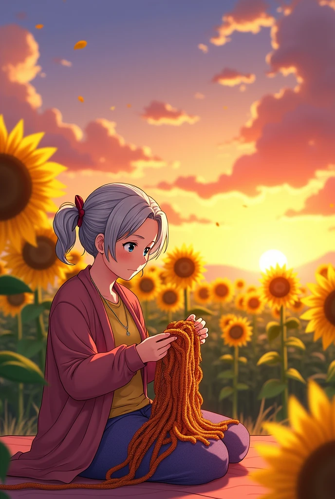 An anime grandma is crocheting in a sunflower field with a sunset scene covering half the screen
