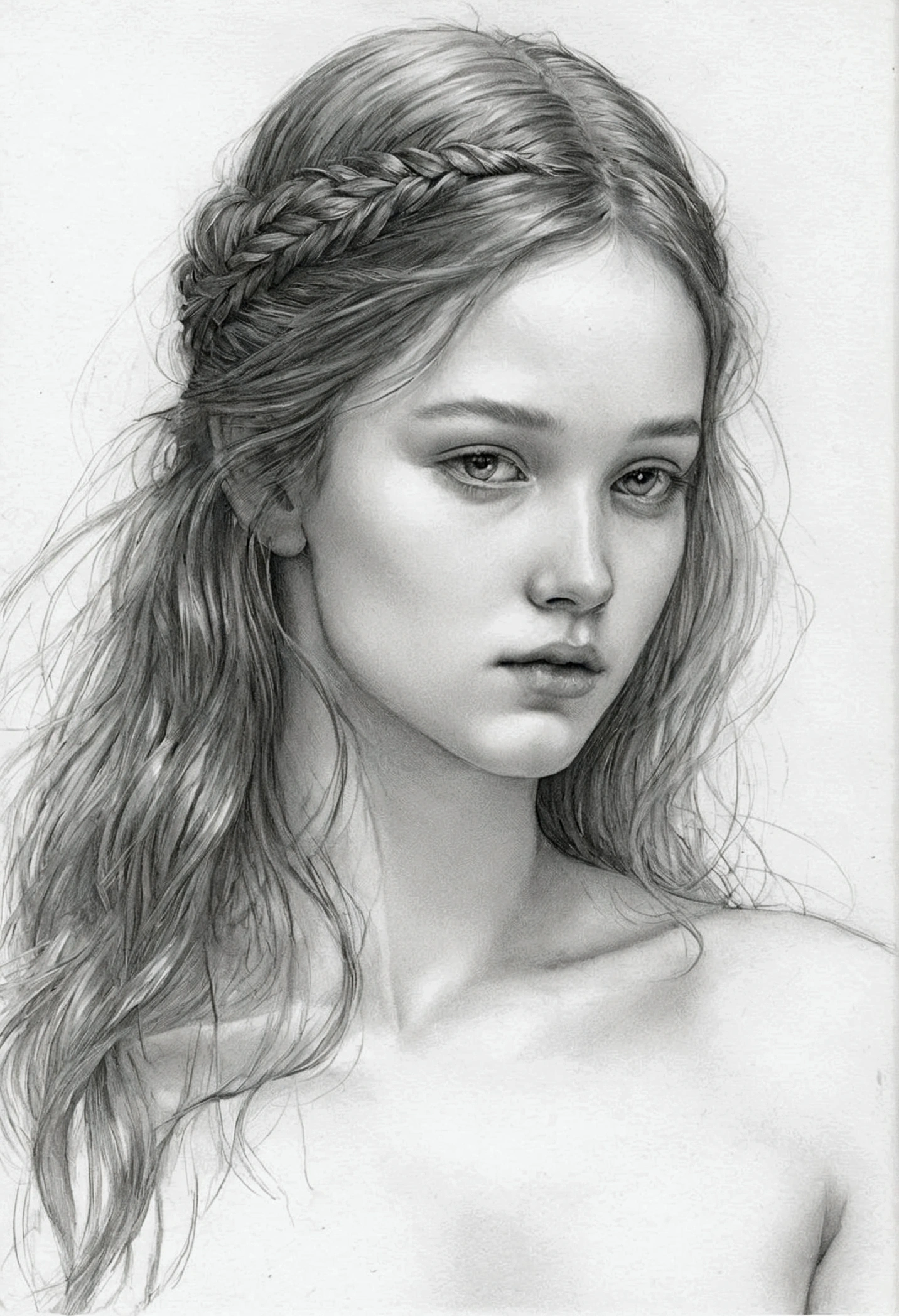 A delicate, graphite nude drawing shows a naked medival healer  girl, her features rendered in subtle shading and precise lines. The framing is tight, focusing attention on the subject's serene face. Soft, feathery strokes convey the gentle texture of her hair, while the delicate curve of her neck is emphasized by the pencil's softness. The overall mood is contemplative, as if the woman is lost in thought.