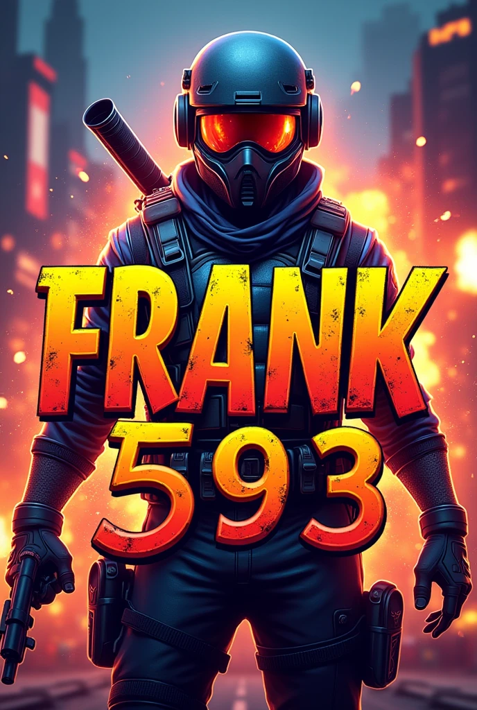 Create a logo for a Youtube cover with a Free Fire theme with the name FRANK ⁵⁹³ with dimensions of 1024 x 576 pixels