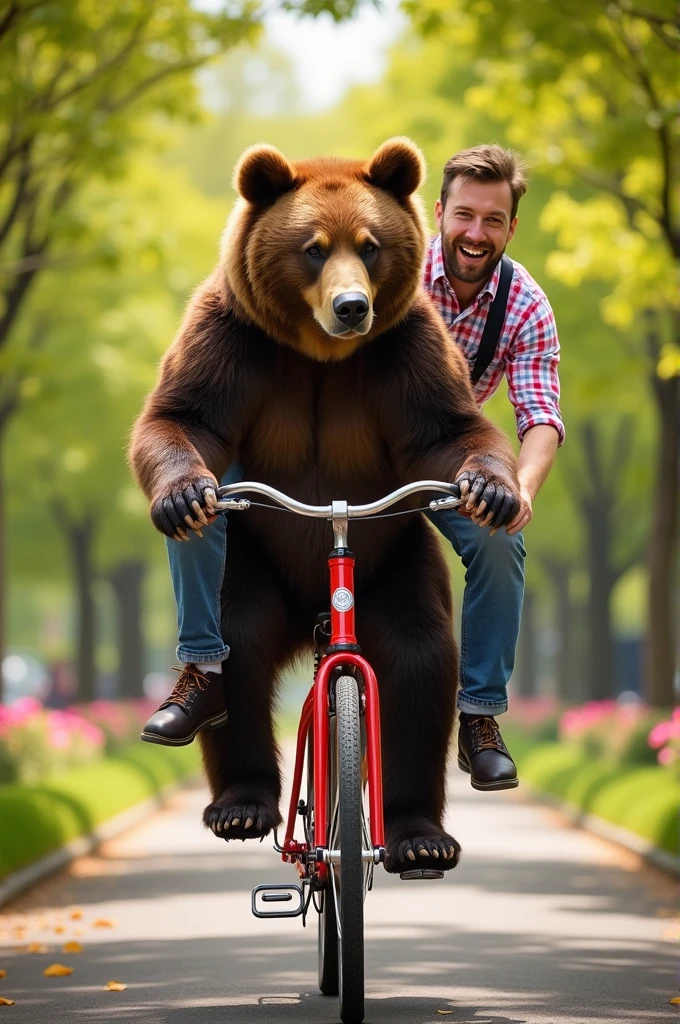 A bear on a bicycle pedaling and a man behind him 