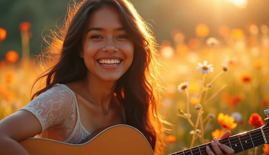 ((best quality)), ((masterpiece)), (detail), perfect face, close-up photo of a young latin woman playing guitar in a valley of flowers, valley scene with intricate details, shimmering and magical light, surreal photo, 8k, ultra high resolution, sharp face