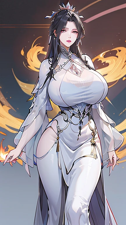 1 Woman, mature, High (1.85 cm), looks about 35 years old, has long black hair, straight and shiny, tied in the Chinese Taoist style, majestic black eyes, Extremely detailed eyes, perfect eyes, đôi mắt cực kỳ thực tế, balanced eyes, Long eyelashes, Anime style, perfect face, milf face, full red lips, mature, smooth white skin, natural body, sexy body, milf body, Perfect hands, detailed hands, arms in proportion to the body, đôi tay thực tế, arm with good anatomy, She was wearing only a red Chinese style dress decorated with gold and silver with phoenix motifs woven into the dress but still could not hide her extremely large and gigantic breasts., very big breasts, four hands can lift,breasts sag due to their size, thick thighs, wide hips, look at the viewer, The background is a Chinese-style pavilion., pose alone, look at the viewer.