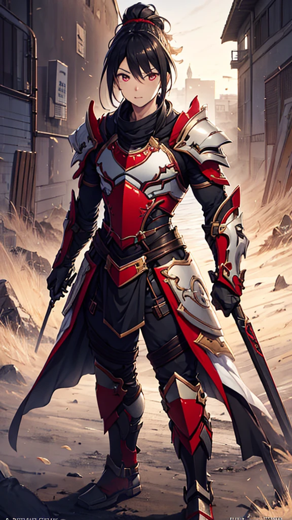 (最high quality, High resolution, Textured skin, high quality, Attention to detail, Highly detailed CG unification), (((male))),One person,Wearing Japanese-style armor,Black Hair,ponytail,Are standing,White background,front,whole body