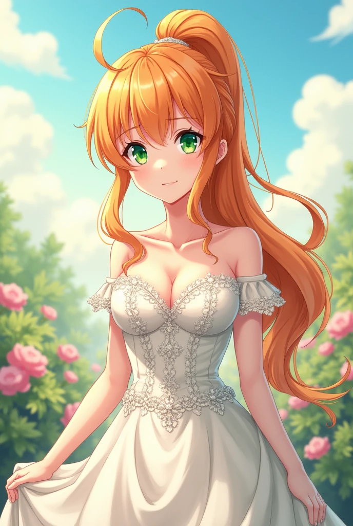 20 years old girl, orange blonde hair, green eyes, tsundere, long ponytail wedding dress