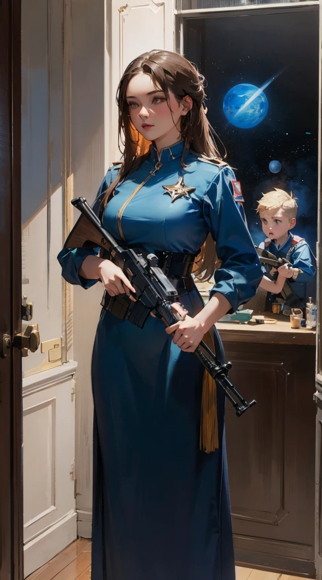 Arafeld soldiers standing in the doorway with guns and helmets, wojtek fus, expert high detail concept art, infantry girls, character art closeup, Amazing 8K character concept art, alexandra fomina artstation, highly detailed exquisite fanart, detailed game art illustration, Detailed 4K concept art, character splash art, ultra detailed game art, fps game concept art     inside a spaceship、Large windows of spacecraft、performer, Planets and nebulae visible from spaceship window、girl looking out the window、Mecha、mechanical、Panorama、girl around 24 years old(Baby Face、Slim figure、