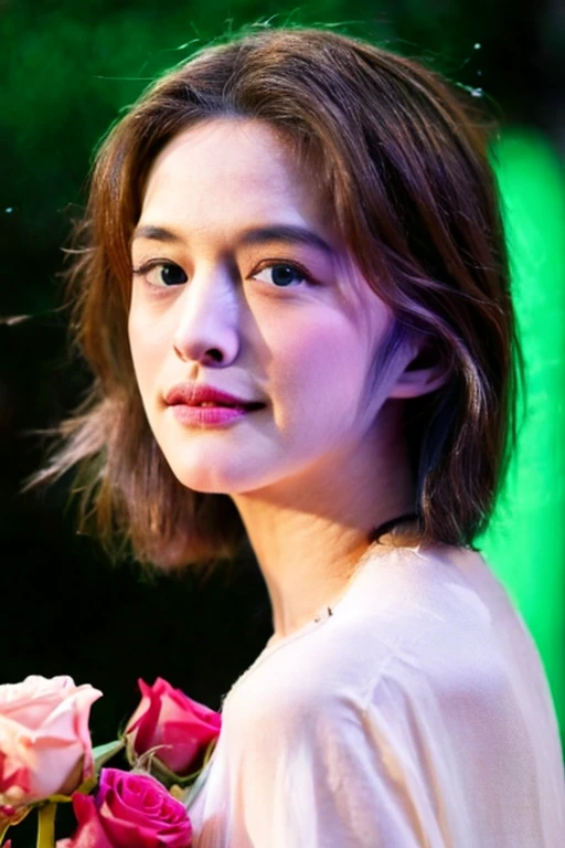 1girl, quite a bit body, ultrarealistic digital photo render art of a beautiful gorgeous young cute Japanese woman, 24yo., looking at viewer, detailed face, Realistic texture human skin, bright glowing face, curved eyebrows, droopy hooded eyes, low nasal bridge, wavy nose, flowing long bob hair in the air, (((young Marion Cotillard blended face mixed with young Anne Hathaway))), emerging from the heart of a large red glass rose. Bright smile. Its petals, shimmering like teardrops in the moonlight, unfurl to reveal her ethereal form. Her long hair flows like shadows, cascading around her like liquid night, illuminated by the soft glow emanating from the magenta glass roses. enduring power of nature, neon light pale olive green bodysuit nightgown,