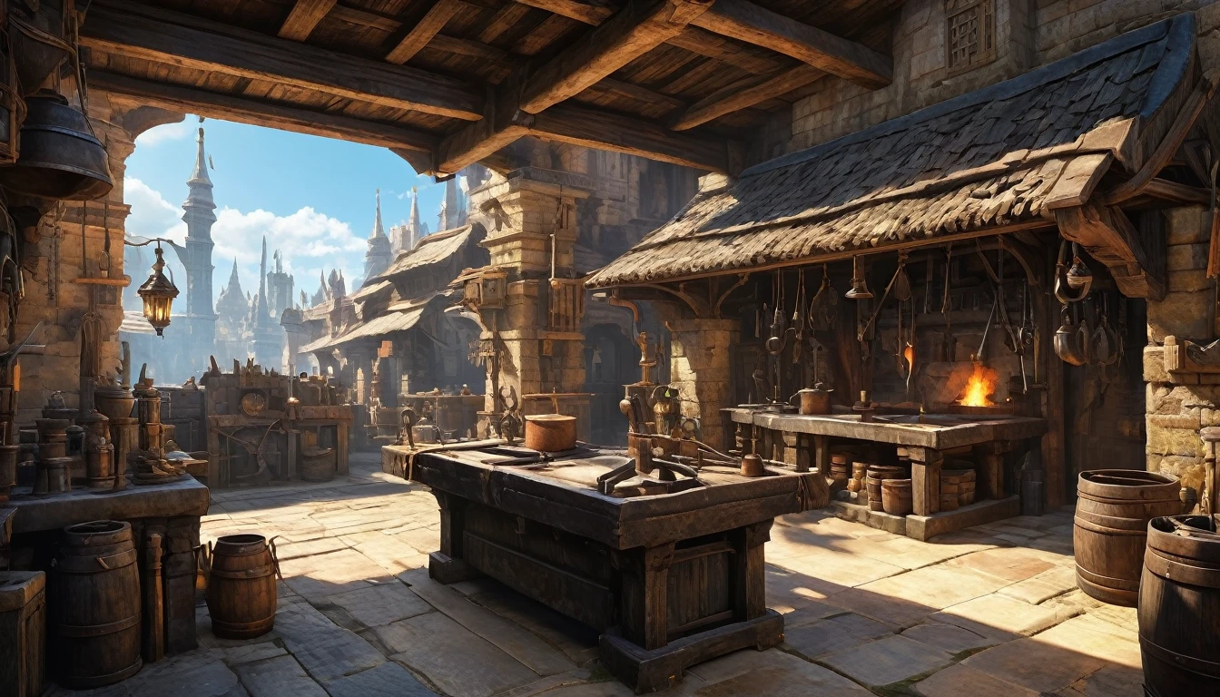 (Arthur Rackham style). ((blacksmith forge, from final fantasy xii)). (masterpiece), ((best quality)), depth of field, detailed matte painting, vibrant color, fantastical, intricate detail, splash screen, complementary colors, fantasy concept art, 8k resolution trending on Artstation Unreal Engine 5