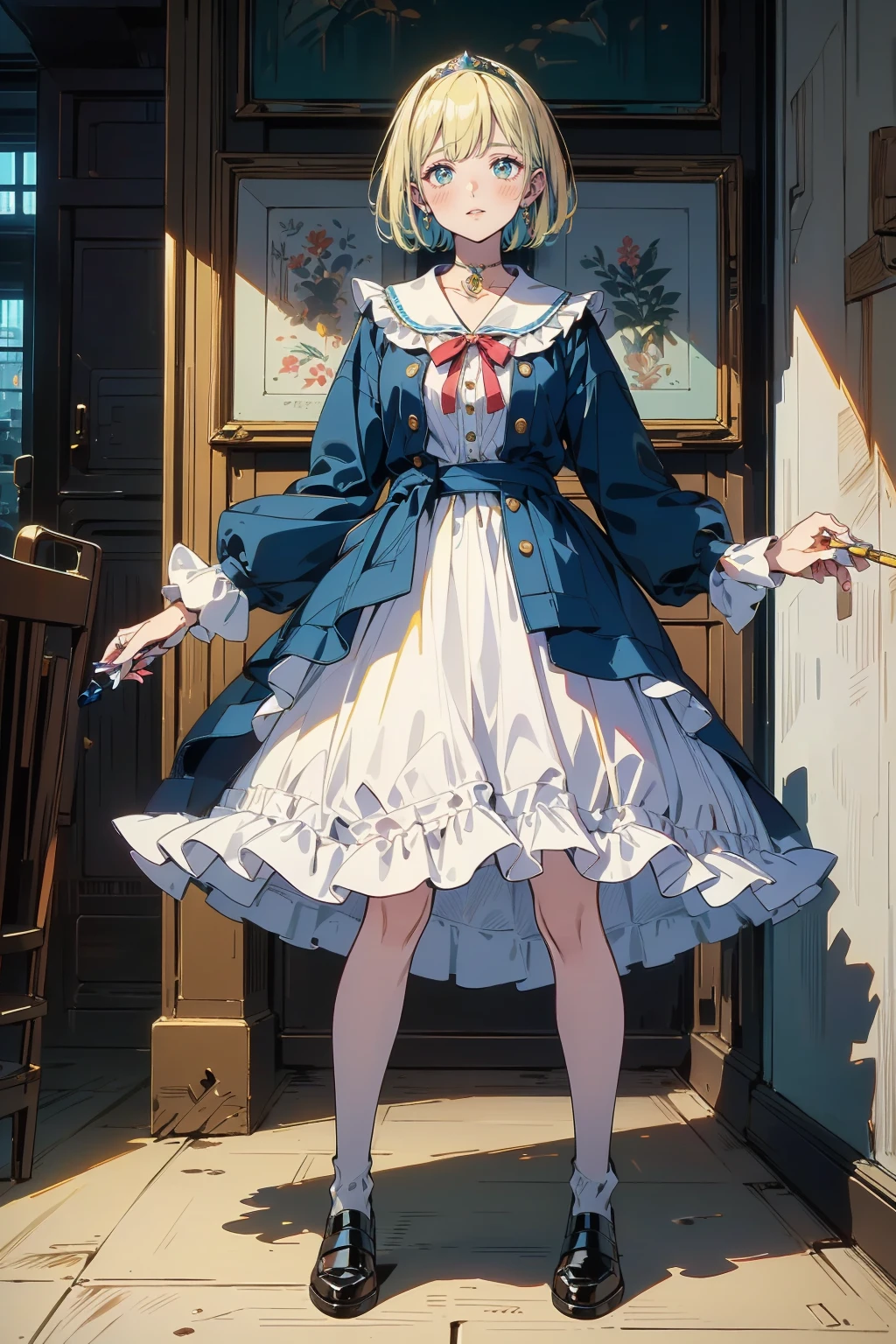The cat is standing upright on two legs.、Photorealistic, (masterpiece,Highest quality:1.4),(8k,RAW Photos,Photorealistic:1.2),Not safe at work, Detailed skin,Detailed face,One person,Princess,Alice in Wonderland,Cute Face, Super Resolution,Retro and realistic detail illustration,,{{{Elaborate,Complicated,wonderful,delicately,extraordinary,Scrupulous,point,Unbelievably,Obsessed,craftsman's,subtle,celebrity,Skillful,Vibrant, Vivid, Complex}}}, Clearly at the edge of focus, fresh natural gradation, Highest quality, wonderful品質, so beautiful, Absurd, Pub Sadness, ((yellow, Checkerboard, Frillsの, yellow layered, mini skirt,Overskirt)), ((白いFrillsエプロン)),((shiny Wavy Hair)), crown, Ankle boots, Under the skirt, dress, (((Jumping))), Lift your legs, (Frillsの shirt), ゴシックdress, hair band, Short sleeve, Bow hair, Happy, ;p, Medium Bob, (Blonde), ((Wavy Hair)), shimmering eyes, blue eyes, ((yellow hair band)),(((White Frillsの Panties))), (((Skirt flip))), Laughter, blush, dress, Alice (Alice in Wonderland), (Cape), White Frillsの legwear, ((yellow the Bow)), Puff sleeves, Bans, Short sleeve, ((yellow bow ribbon)), Long Hair, (White Frillsの apron), (((tiara))), (((Holding a cute magic wand))). White Frillsの legwear, Frills, yellow ゴシックdress,: q, ((Heart Necklace)), ((ring)), masterpiece, Highest quality, Not safe at work, , child, 14, Braided bangs, Arm Garters, Baby Face ,Eyes sparkling, Flat Chest, it has been,it has beenii,pastel colour,(Wonderland Garden:1.3),imagine, ((Soap bubble)), Heart Background, (watercolor),