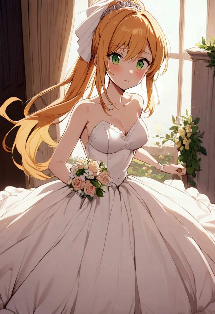 20 years old girl, orange blonde hair, green eyes, tsundere, long ponytail wedding dress