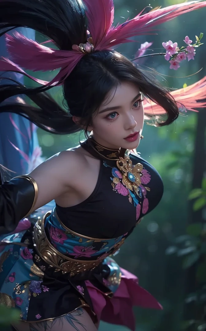 Woman with pink long hair, woman with beautiful face, woman with beautiful blue round eyes, woman with blue feather wing on her right hand, beautiful woman with pink lipstick, morning background, woman with beautiful pink flower on her blonde short hair, woman using pink skirt, woman with gold Root accessories on her body, woman on green leaf background, woman with golden accessories on her head, woman using blue dress and pink white gradient color, original face and hair and dress open drees in her clevage