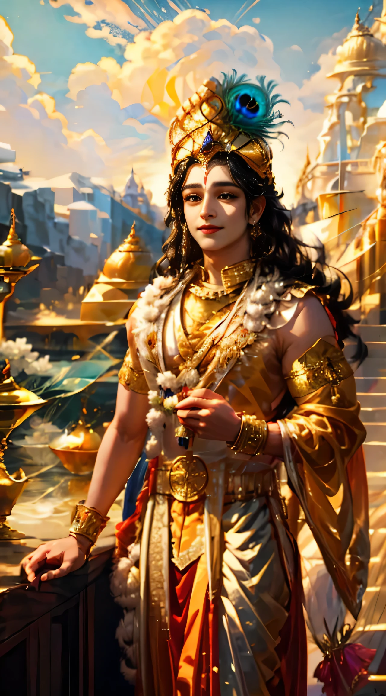 a close up of Lord Krishna holding a lit candle in his hands, hindu aesthetic, beautiful digital artwork, indian god, beautiful digital illustration, stunning digital illustration, beautiful avatar pictures, gorgeous digital painting, beautiful god, beautiful character painting, beautiful digital painting, artgerm and atey ghailan, beautiful lit, by Max Dauthendey, glowing flowing hair, peacock feathers on head, wearing a yellow cloth, big smile on his face