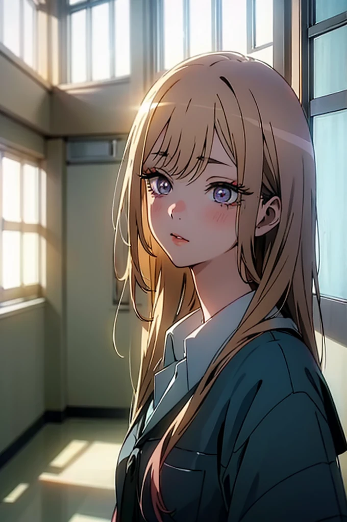 marin kitagawa, school hallway, 1girl, beautiful detailed eyes, beautiful detailed lips, extremely detailed face, long eyelashes, school uniform, standing in hallway, ambient lighting, sunlight through windows, empty hallway, highly detailed, photorealistic, 8k, masterpiece, dramatic lighting, warm colors