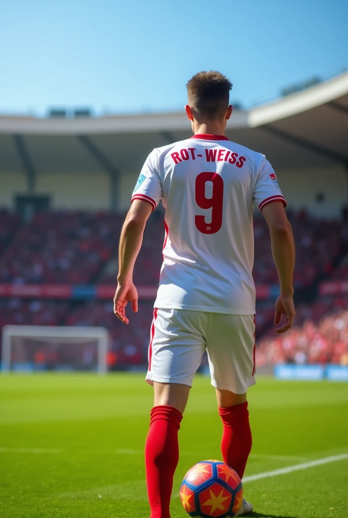 A 17-year-old football player kicking the ball,Wears a white and red jersey with the number 9, The jersey says Rot-Weiss Essen, Photographed from behind, into a normal football field