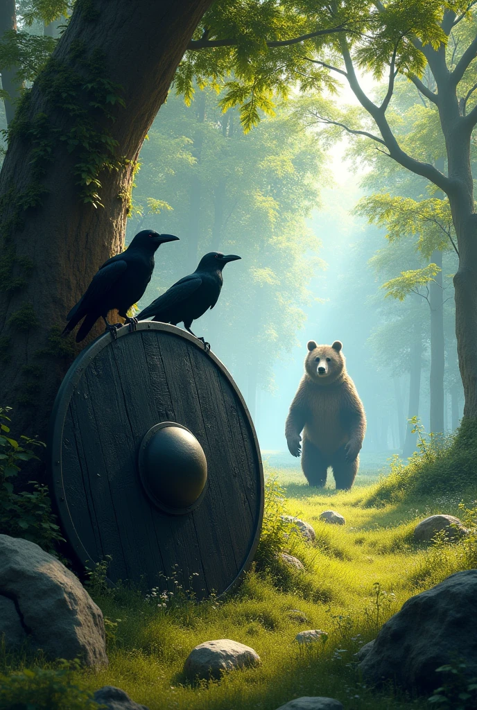 Create a black Viking shield with two ravens on top, Put it on the grass, I'm leaning against a rock, with an enchanted forest in the background and a bear standing on two legs 