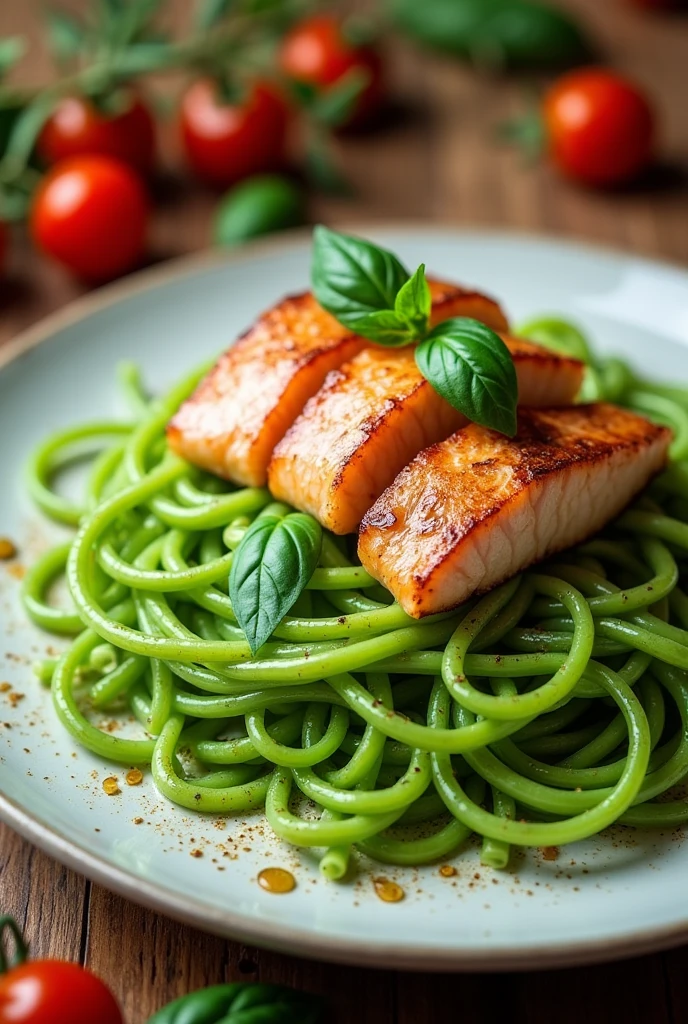 Green spaghetti with fish