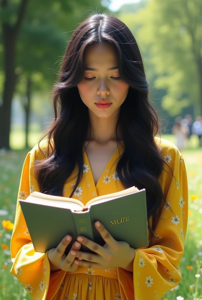 A book with a grey cover entitled "MUTE"
Read by a beautiful girl wearing a yellow dress with black hair
