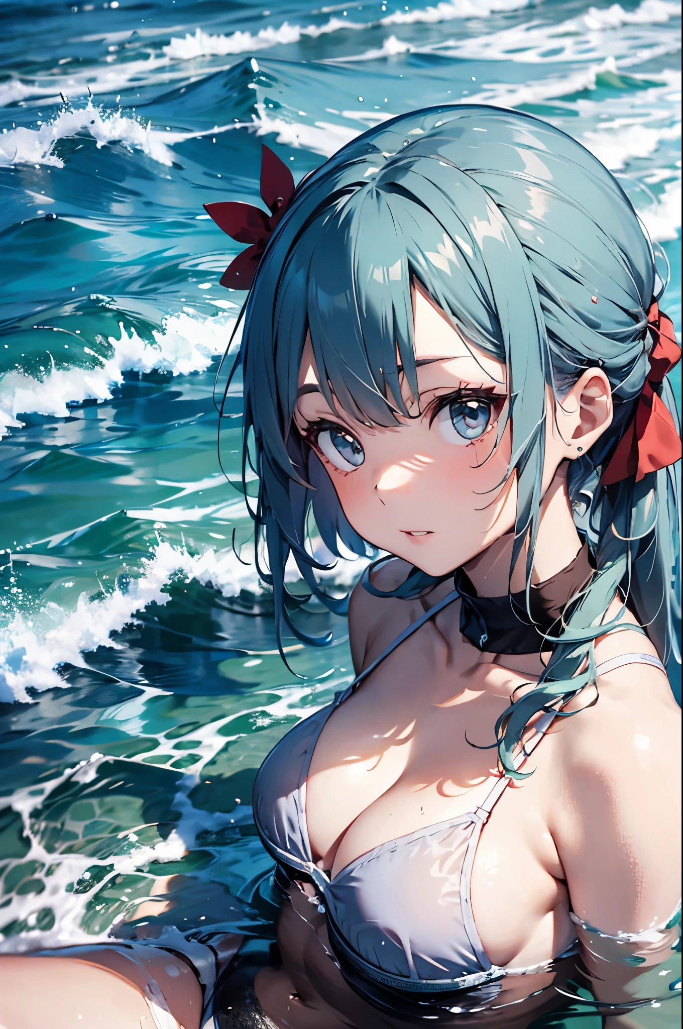 4K,8k,High resolution,
One beautiful young woman,Light blue hair、ponytail、
(Soft Saturation:1.3), (Fair skin:1.2),
(ultra-Detailed Background, Detailed Background), Bokeh,
break&#39;Smiling portrait.,
When viewed from the front, The composition is symmetrical,
Looking straight at you with serious eyes,
break Swimwear, White Bikini, Center of chest, 
Outdoor, Sea surface, null, sunlight,Summer beach, Sandy Beach,
Strong light, Front lighting, 
(Teen:1.3), (Cowboy Shot:1.2),
Front brake angle,
View your audience,
Dynamic pose,
sitting on the beach

Seaweed、Seaweed、Seaweed、Seaweed、Seaweed、Seaweed、Seaweed、