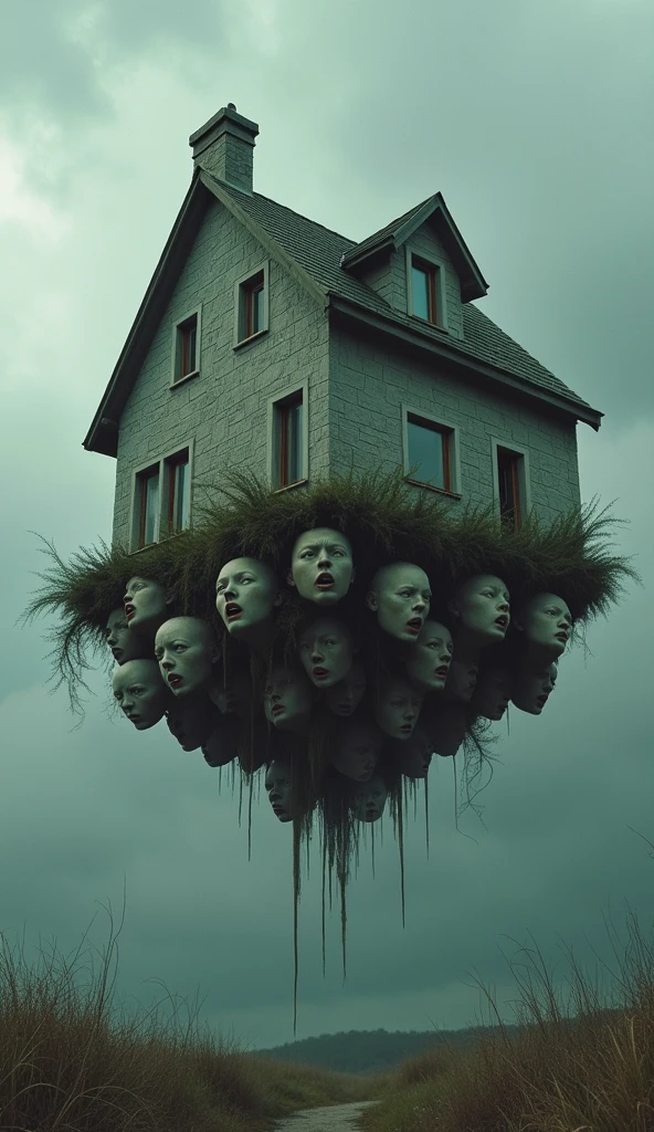 Best image quality, masterpiece, multiple human heads attached to a floating house, excited expression, detailed skin expression, detailed image texture, brutal, bizarre, horror, eerie atmosphere, (not AI image), cloudy weather
